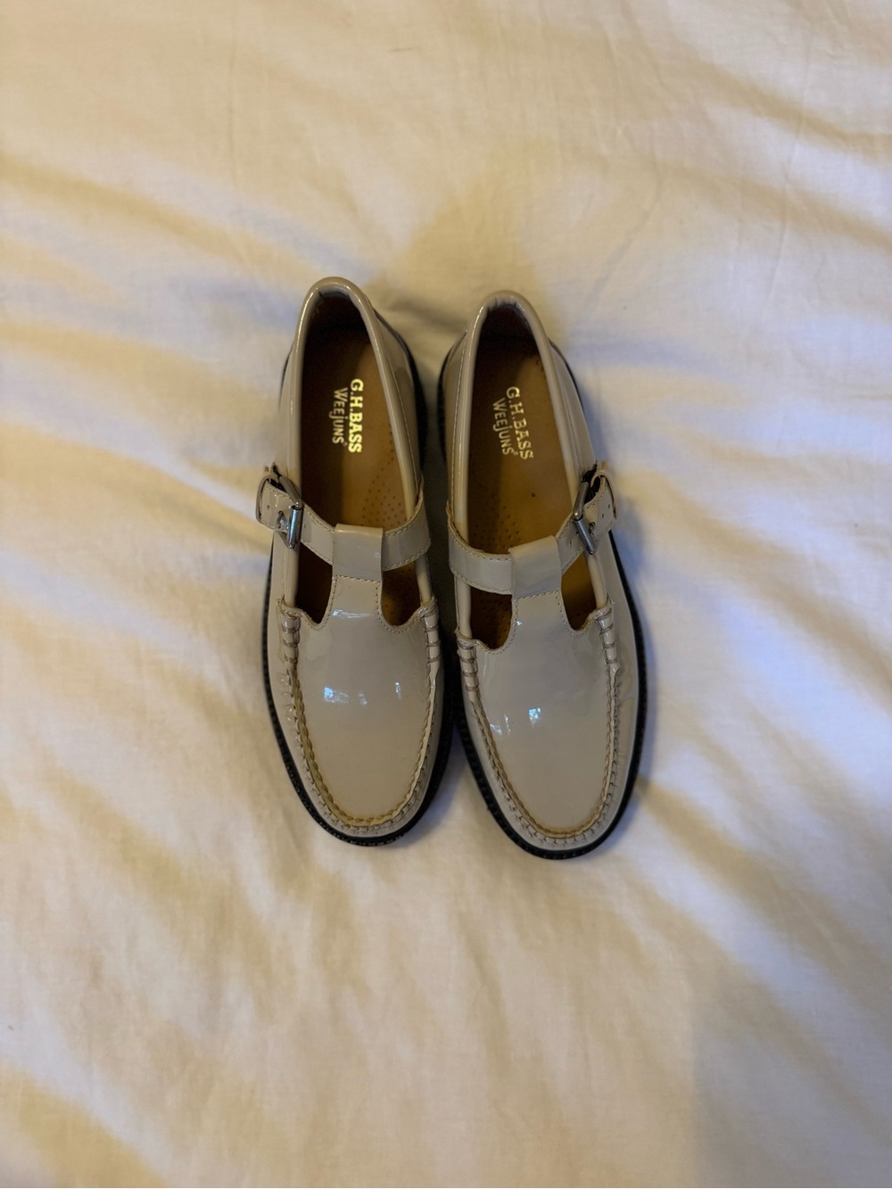 G.H. Bass & Co. Men's Beige Patent T-Strap Loafers, Never Worn!